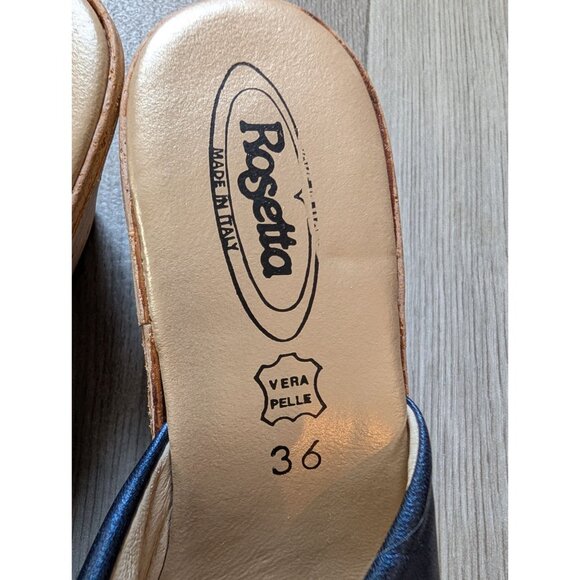 Rosetta Blue Wedge Slide Sandals Gold Embellished Size 36 Italy Made Rhinestone - Picture 3 of 5